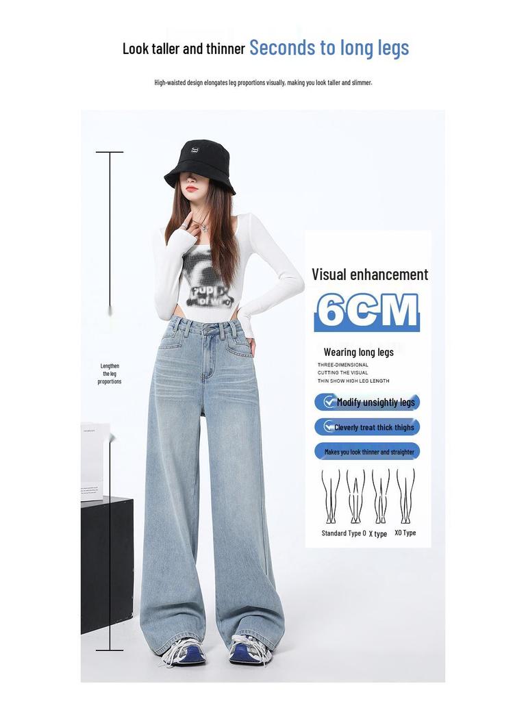 Spring 2025 Women's High Waist Retro Blue Wide-Leg Jeans - Floor-Length, Slimming, Loose Fit.