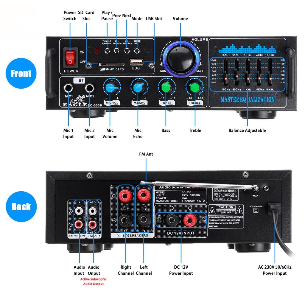 2000W 2 Micphone Bluetooth Stereo Amplifier Surround Sound Mixer 220V FM AUX USB SD AMP Home Cinema Karaoke Remote Control