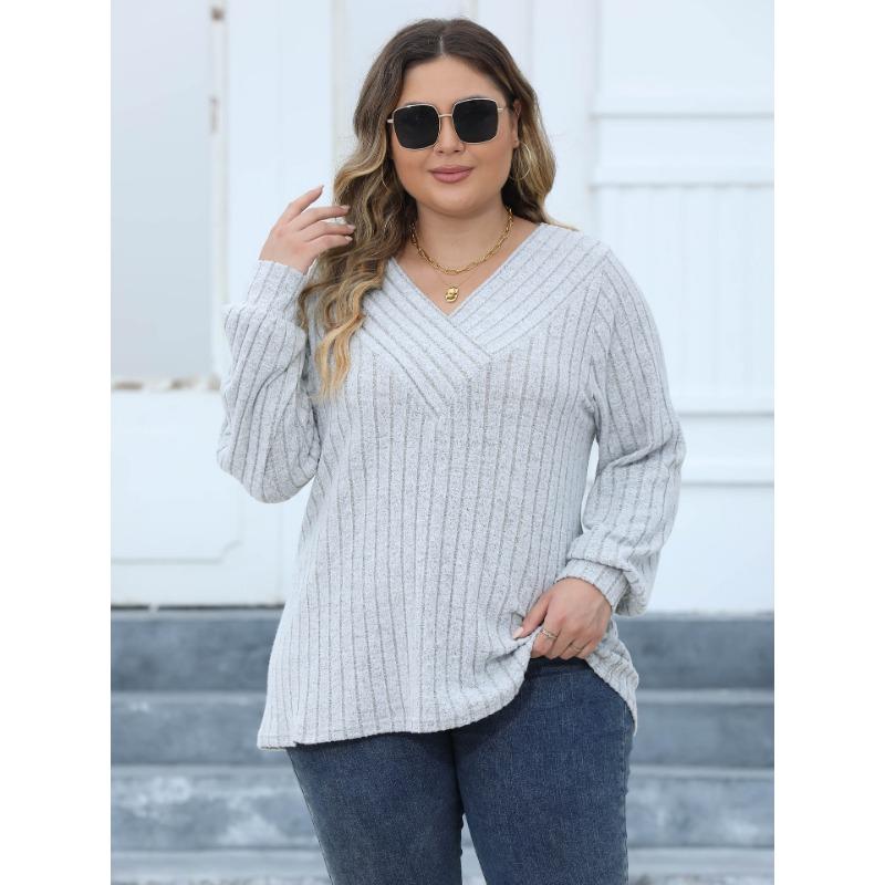 Women's Casual Autumn and Winter Big Size Striped V-neck Cross Bottoming Pullover Jumper