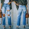 Womens Wide Leg Distressed Washed Denim Jeans High Waist Loose Fit Cotton Blend