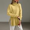 Women's Fashion Casual Solid High Collar Hem Split Long Sleeve Sweater Top