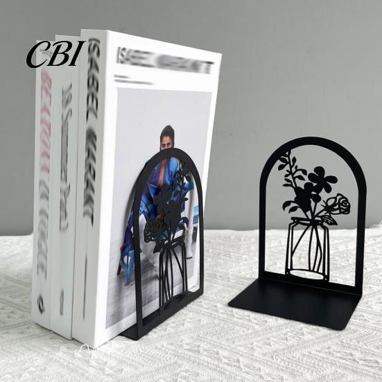 Metal Bookend 1 Pair Flower Bookends, Decorative Vase Book Ends for Shaped Shelves, Black Holder Stopper Home Office Reading Room Desktop