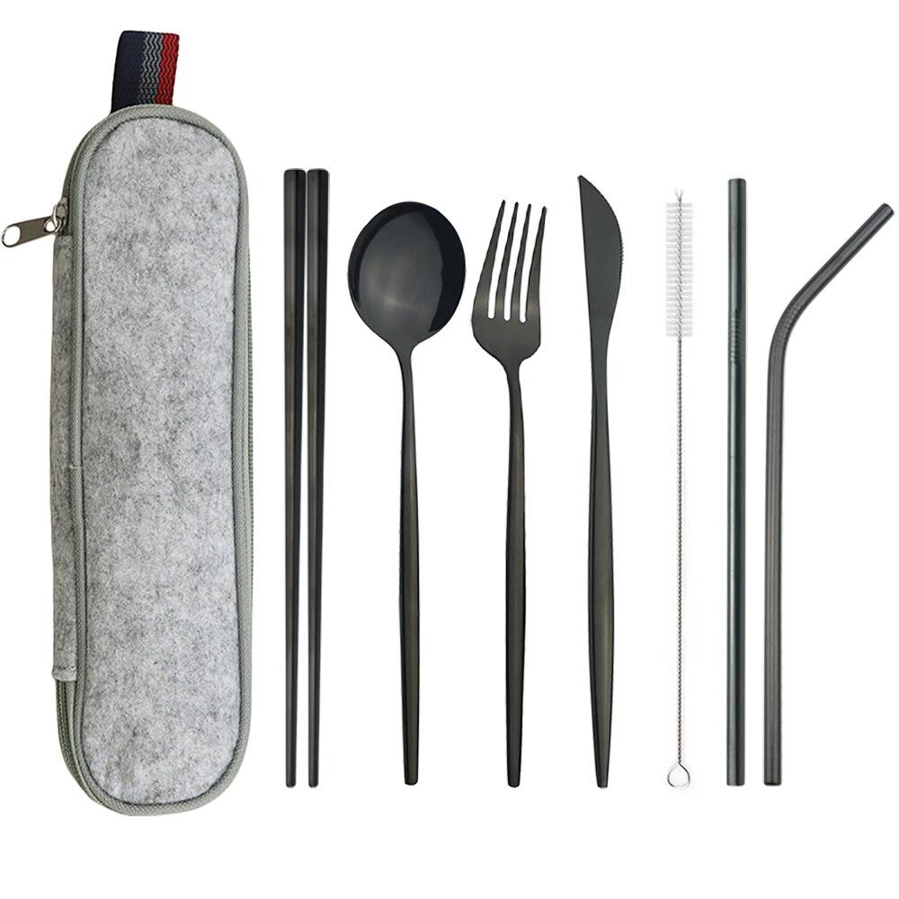 Серебряный набор столовой посуды, дорожный набор столовых приборов, многоразовое серебро, соломенные ложки, вилки, палочки для еды, кухонные аксессуары с сумкой
