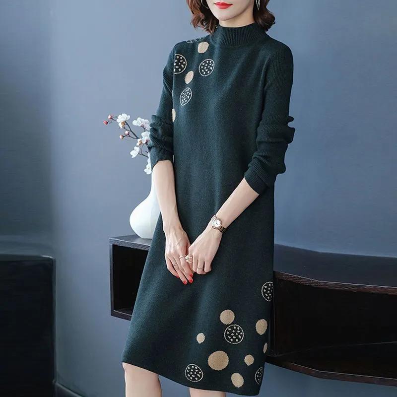 Платье для женщины Хлопок Зима Тепло Круглый вырез Длинный рукав Винтаж Повседневный С принтом Длинные Трикотажные платья-свитера стрейч