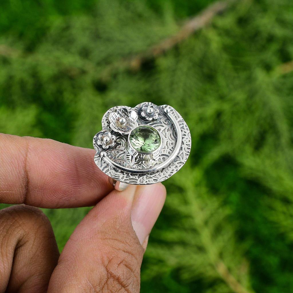 Natural Green Amethyst Multi Stone Flower Adjustable Ring 925 Silver