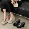 Fashion Sequined Wedge Slippers Super High Heels Transparent One-word Wear Fish Mouth Open-toed Sandals Women's Shoes