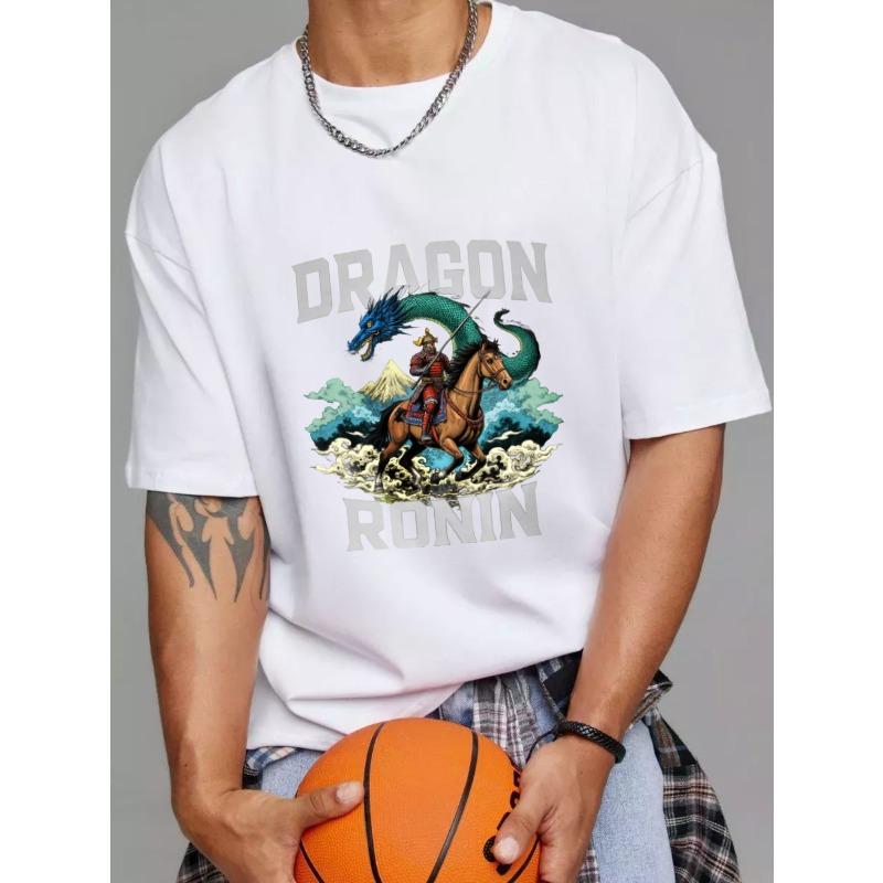 Белая футболка Dragon Ronin с графикой самурая на коне, синего дракона и горного пейзажа для повседневной носки