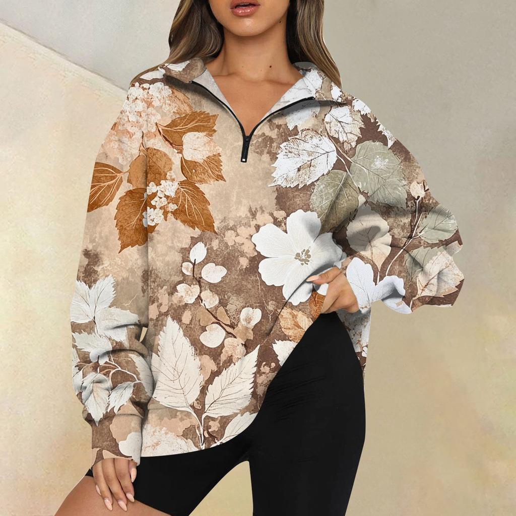 Женская мода повседневная толстовка с длинным рукавом и принтом на молнии с высоким воротом и заниженными плечами