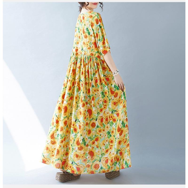 Женское платье больших размеров, простое модное богемное длинное платье, летние платья с коротким рукавом и круглым вырезом с принтом