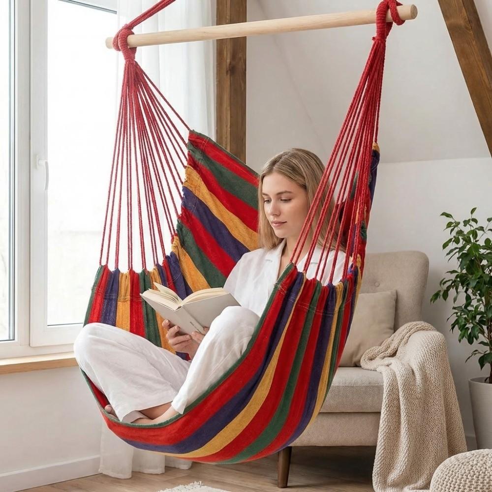 Colorful Stripe Hammock Chair Anti-Rollove Canvas Swing Durable Canvas Hanging Chair Indoor
