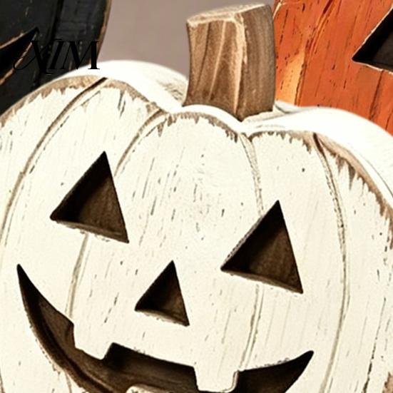 Trick or Treat Decorations 3Pcs Halloween Pumpkin Tabletop Decor, Rustic Face Wooden Block Table Ornaments Ornaments, Farmhouse Desktop Craft for Home