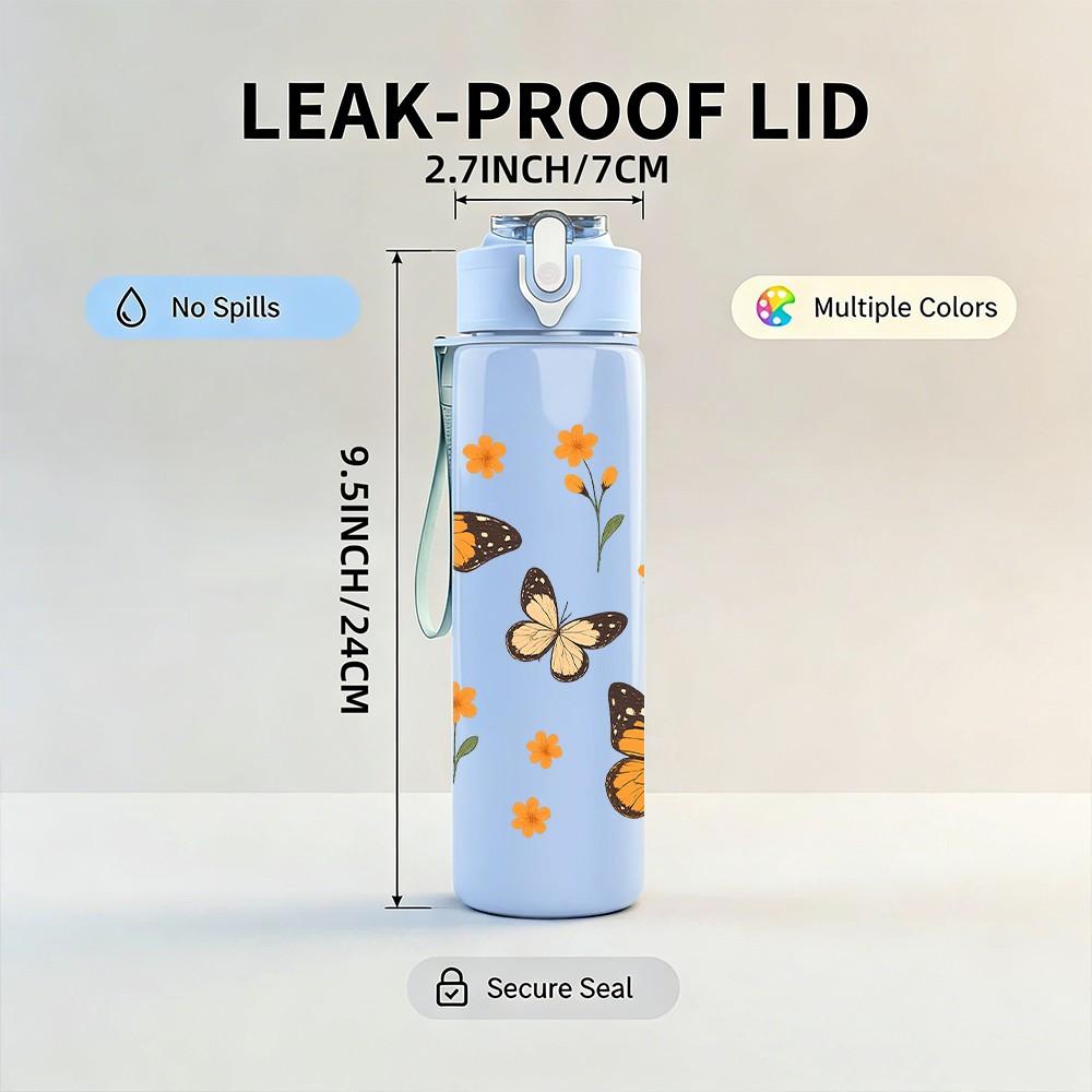 1PC Orange Butterfly Group Print 750ml Color Plastic Sports Water Bottle Leakproof Flip Straw Lid Suitable for Sports Office Home Use