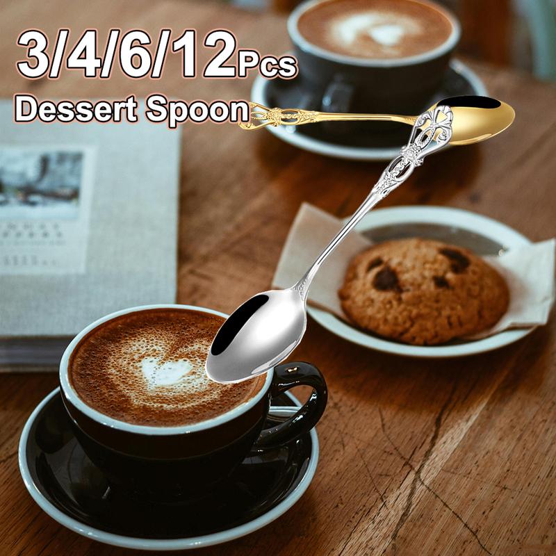 3/4/6/12Pcs Gold Dessert Spoons Stainless Steel Stiring Spoon Set Cake Salad Spoon Retro Black Thin Cutlery Luxury Sliverware