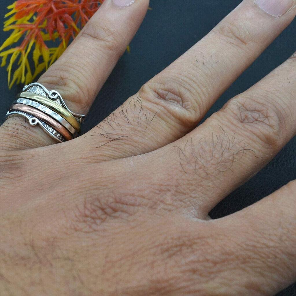 Кольцо-спиннер из стерлингового серебра 925 пробы, дизайнерское кольцо ручной работы для медитации, кольцо-спиннер, подарок на годовщину, трехцветное кольцо, подарок унисекс