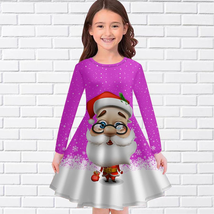 Повседневное платье для девочек с принтом Санта-Клауса и круглым вырезом, с длинными рукавами, детское платье принцессы