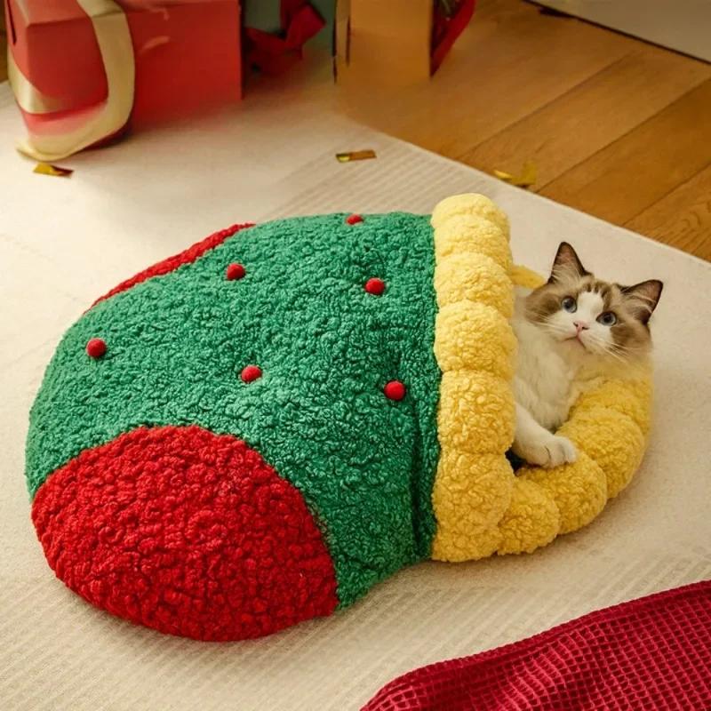 Christmas Tree Triangle Nest Cat and Dog Nests Semi Closed Cats Hole Christmas Sock Nest Winter Thickening Pet Bed Accessories