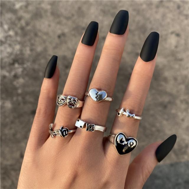 17KM Punk Silver Plated Rings Set For Women Men Vintage Gothic Geometric Skull Stone Rings 2022 Trend Jewelry Gifts
