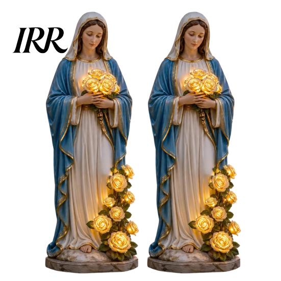 Weatherproof Christian Garden Decor Virgin Mary Light, Outdoor Statue with LED Glowing Rose, Blessed Mother Soft Golden Glow Lamp Figurine for