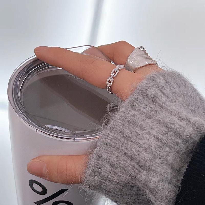 Hejia Sterling Silver Pig Nose Chain Ring: Women's Simple Versatile Japanese & Korean Style Stackable Diamond Interlocking Index Finger Ring