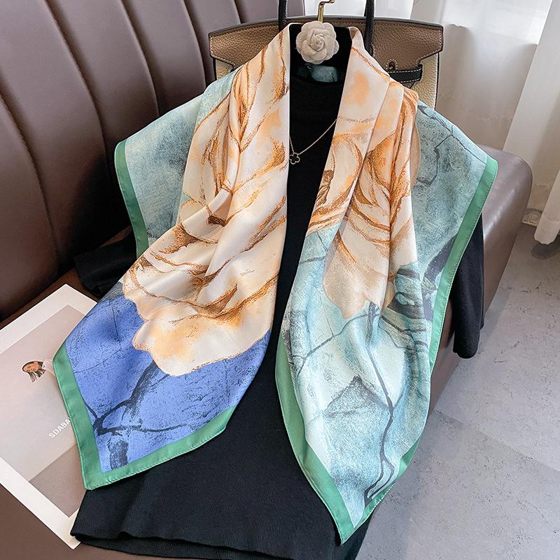 Twill Silk Scarf Women 90cm Square Hijab Shawls And Wraps Female Foulard Headkerchief Elegant Floral Summer Autumn Lady Bandana