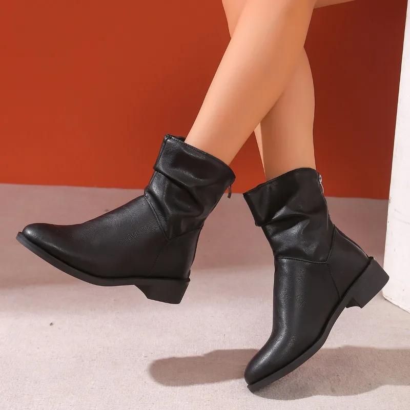 Обувь женская 2024 новые женские сапоги на молнии осенние с круглым носком короткие бочонки на низком каблуке большого размера модные сапоги Zapatos De Mujer