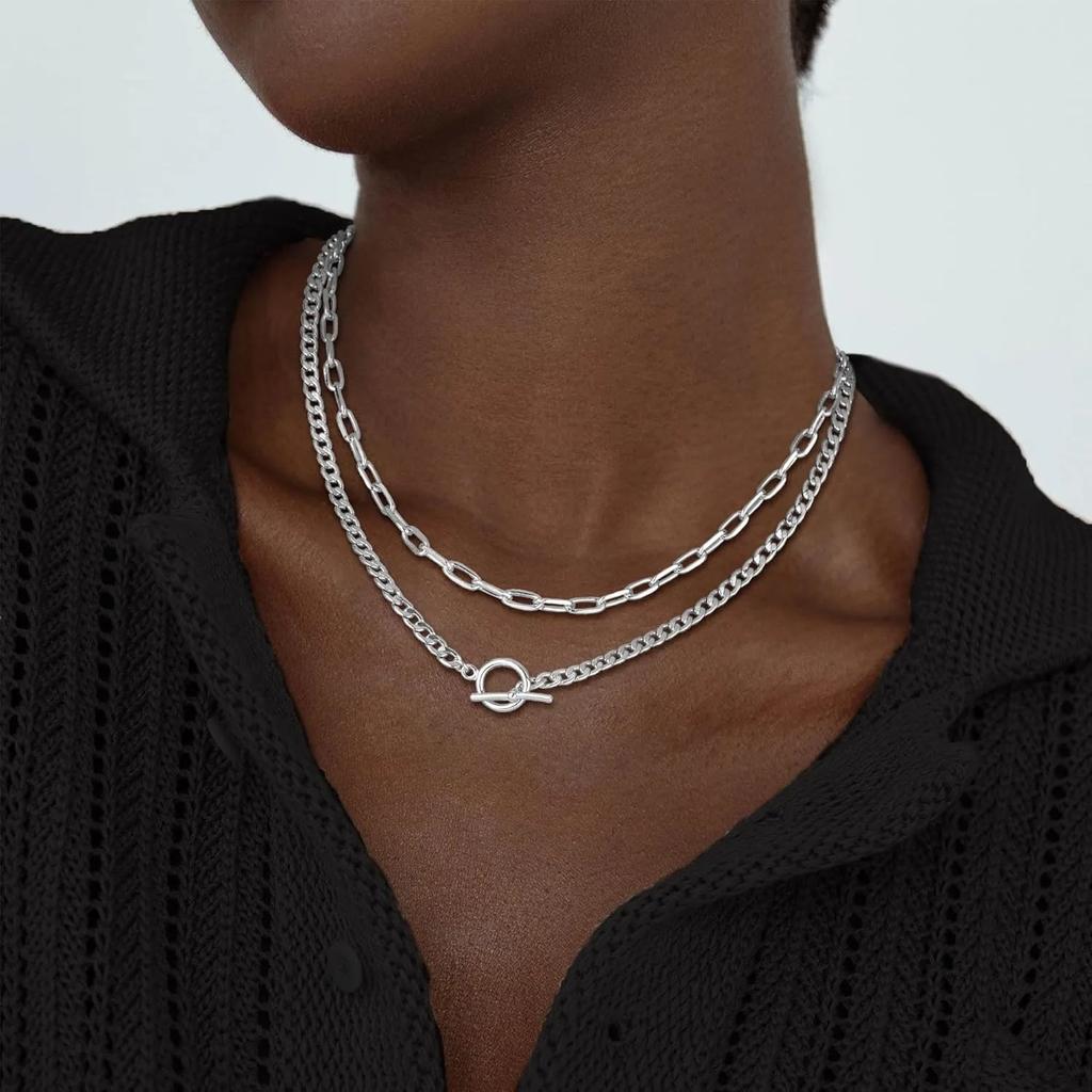 Gold Layered Necklace for Women K Gold Plated Necklace Women Cuban Link Paperclip Chain Toggle Clasp Necklace Zircon for Women