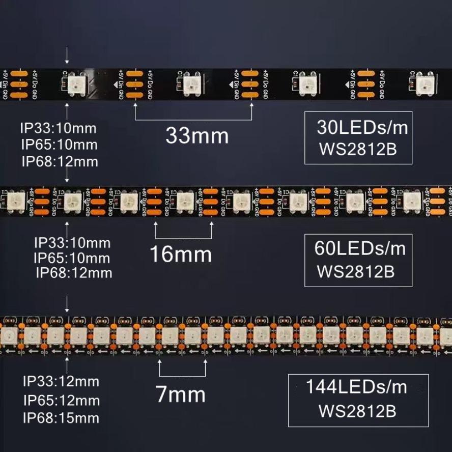 WS2812B Smart RGB LED Strip Light DC5V Individually Addressable Black White PCB IP65 IP68 Waterproof