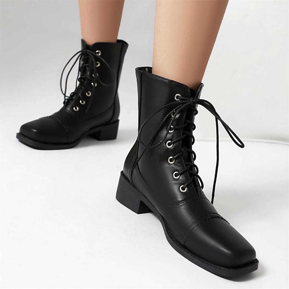 Модные универсальные женские ботильоны Осень/зима Британский стиль Искусственная кожа Короткие ботинки Шнурки Для поездок на работу Плоская подошва Мотоциклетные ботинки