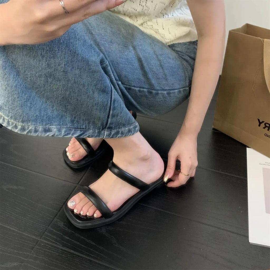 Слайды Туфли с открытым носком Домашние Мягкие на ощупь Не совсем белые Низкий каблук Уличные Женские тапочки и Женские сандалии Обувь Натуральная кожа F