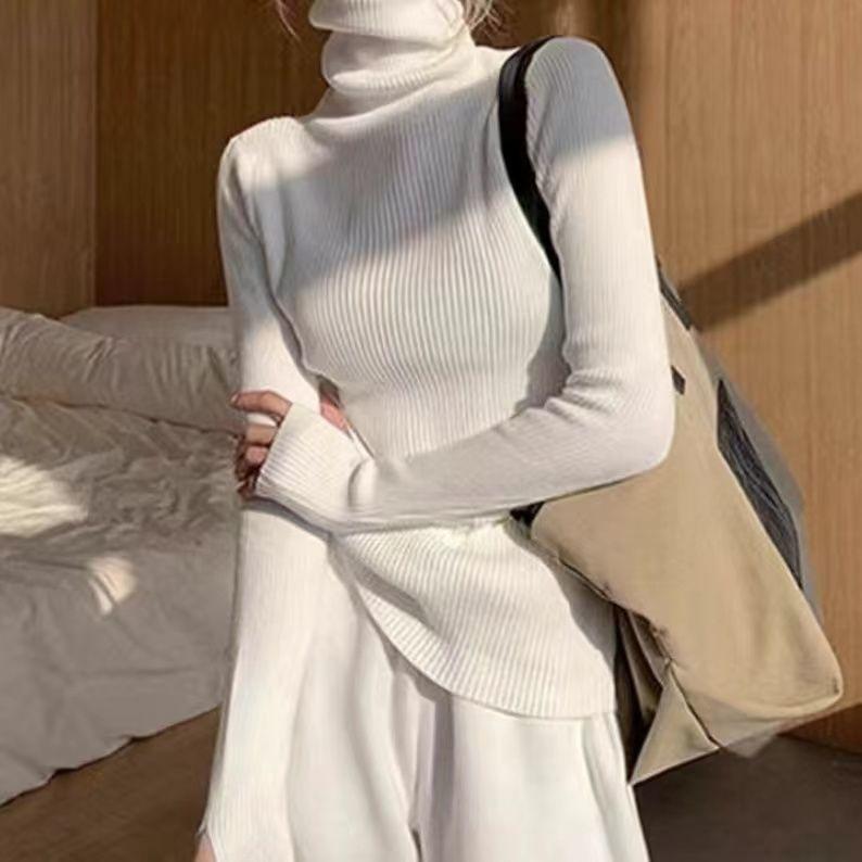 Весна Осень Водолазка с ворсом и рукавами-пальцами Зимний трикотажный базовый универсальный женский топ