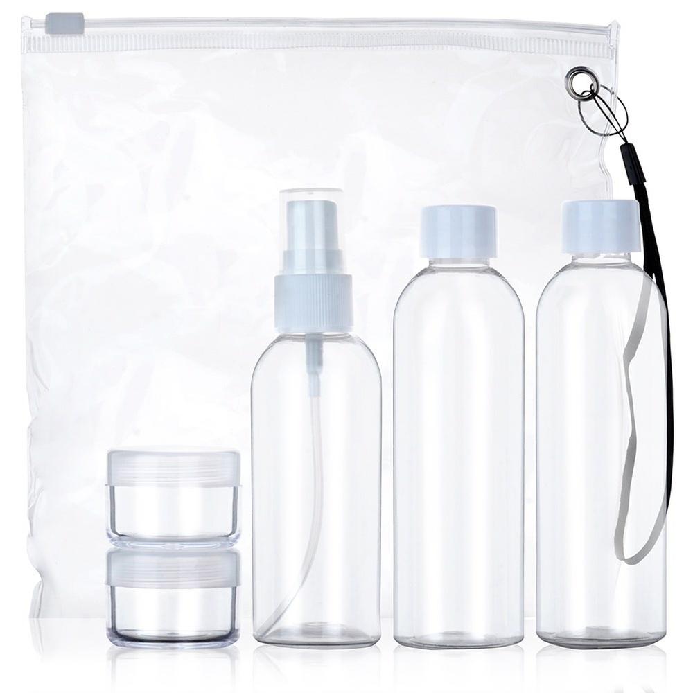 Bottles travel containers for cosmetics for the plane with a 5-piece cosmetics bag.