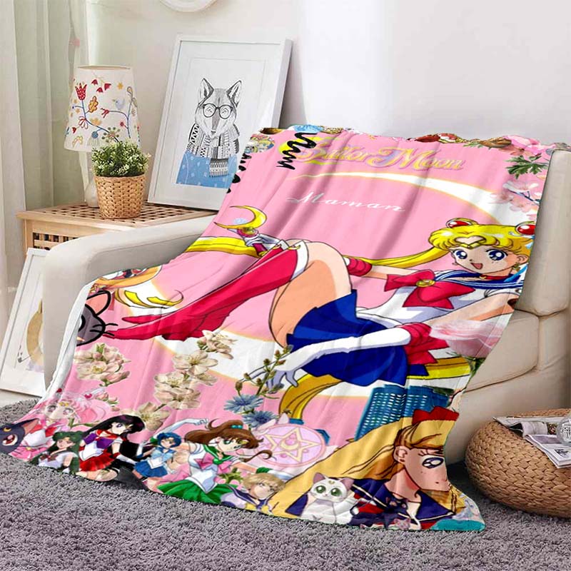 HD S-Sailor M-Moon Flannel Throw Blanket 3D Cartoon Print Soft Warm Lightweight Sofa Bed Cover Girls Bedroom Travel Decor Gift