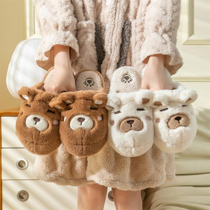 Unisex Cartoon Plush Slippers Women Men Autumn Winter Warm Thick Flannel Home Cotton Shoes Couple Cute Bear Slippers Indoor Boot