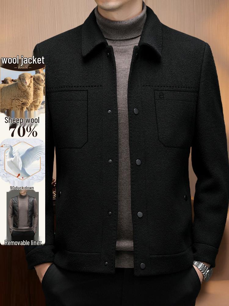 Модная мужская зимняя шерстяная куртка со съемной пуховой подкладкой и воротником-стойкой