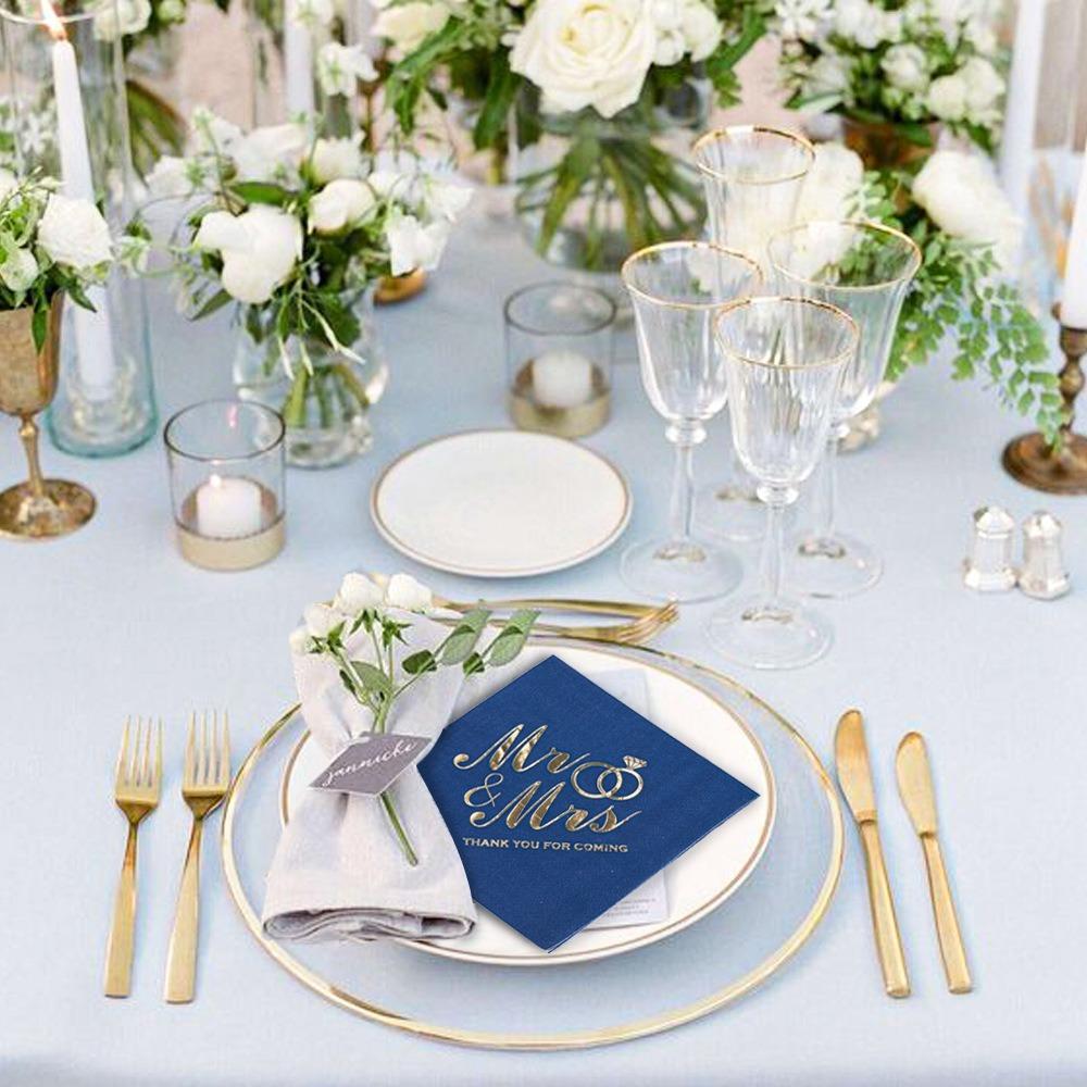 100pcs 3-Ply Mr Mrs Wedding Napkins Bronzing Printed Disposable Napkins for Wedding Anniversary