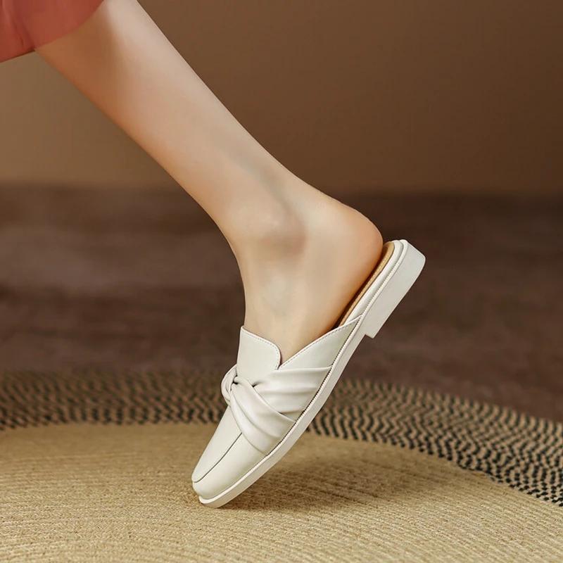 Fashion NEW Summer Women Mules Split Leather Shoes for Women Round Toe Low Heel Shoes Cover Toe Slingback Women Sandals Knot Slippers