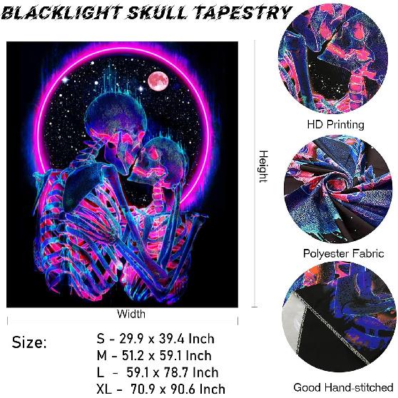 Onivein Blacklight Skull Tapestry Glow In The Dark Tapestry The Kissing Lovers UV Reactive Neon Moon Stars Tapestries Posters Wall Hanging for