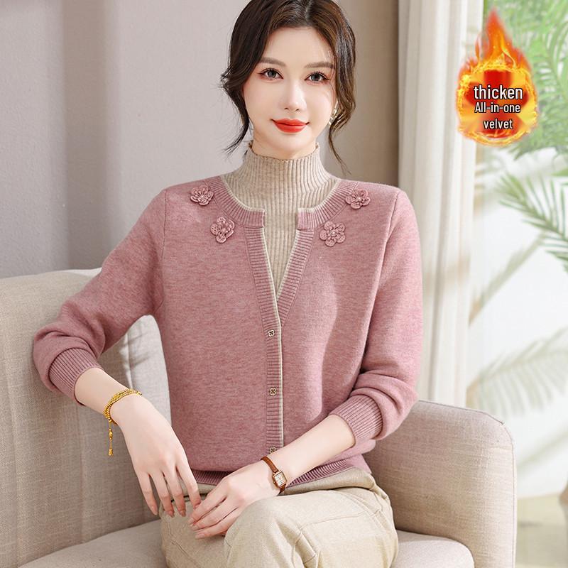 Stylish Faux Two-Piece Velvet Sweater for Middle-Aged & Elderly Women - Warm Knit Base Layer