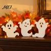 White Ghost Figurine for Home Cute Halloween Wooden Table Sign, Spooky Standing Decorative Entryway Block Sign Holiday Tiered Tray Centerpiece, Indoor
