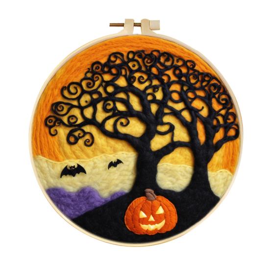 Halloween Needle Felting Kit Beginner Felt Craft Set DIY Felt Painting with Faux Wool Needle Frame Stamped Fabric for Adults Handcraft Lovers