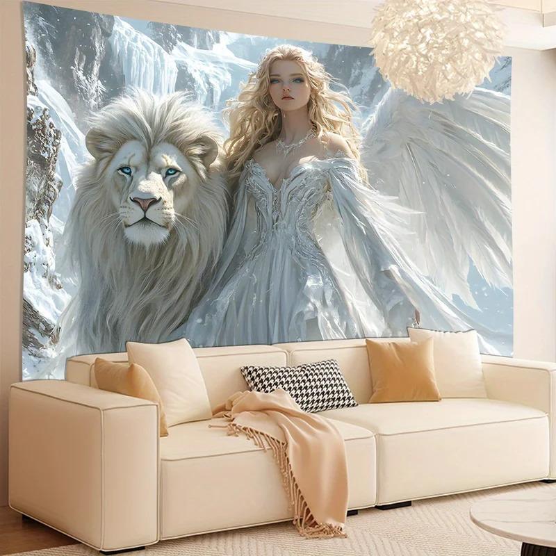 VIKAMA Ice and Snow Angel and White Lion Tapestry Fantasy Wonderland Beautiful Dreamy Style Living Room Home Decoration