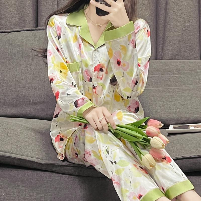 Женский комплект одежды для сна, осенняя пижама, отложной воротник, искусственный шелк, атлас, зеленый, с длинным рукавом, цветочный принт, женская пижама, домашняя одежда
