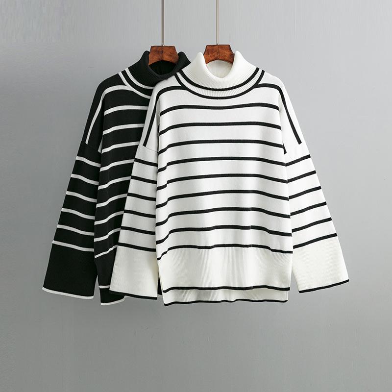 Autumn and Winter Women's Sweater Knit Sweater Pullover Clashing Stripes High Neck Loose Casual Sweater
