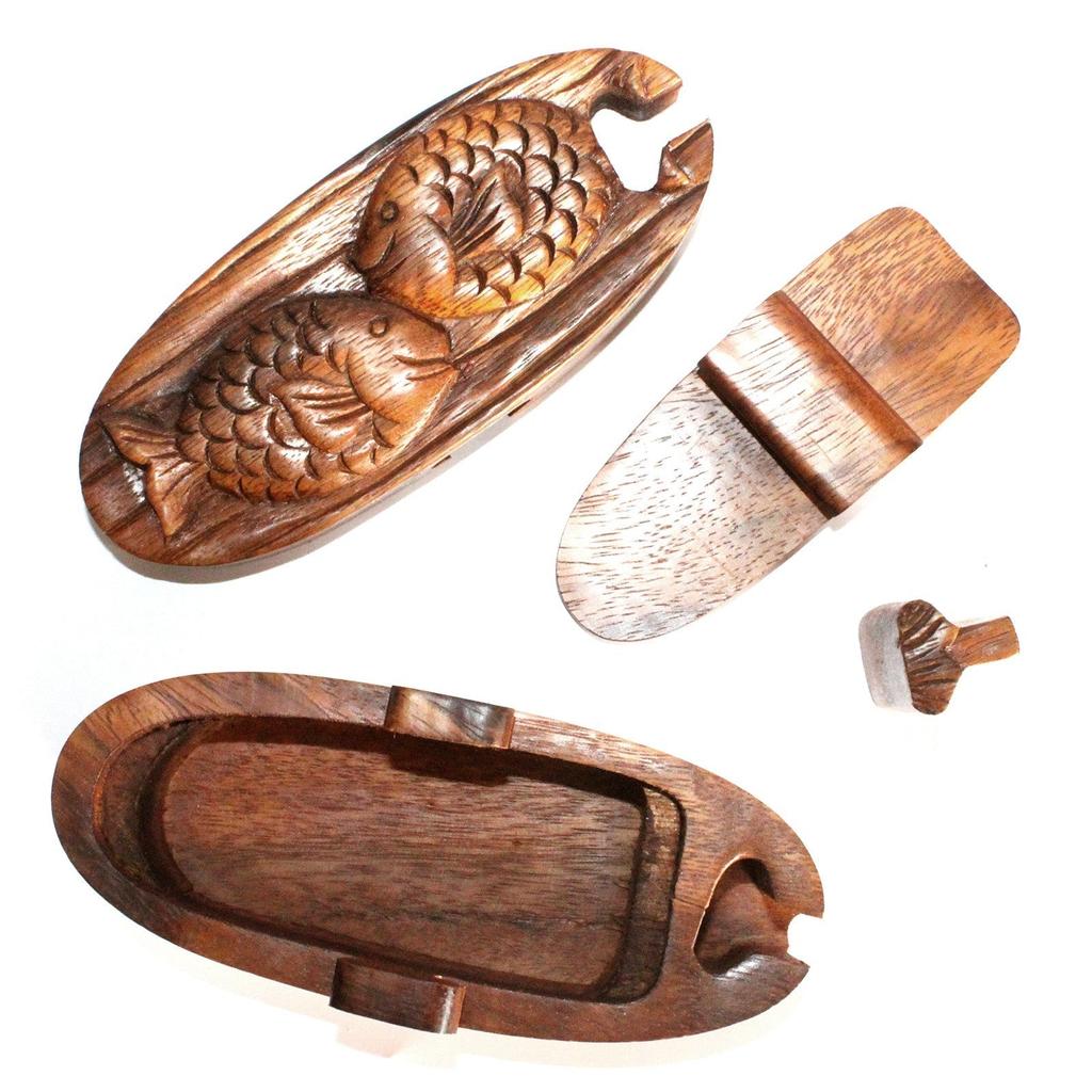 Деревянная шкатулка-головоломка с секретным отделением, Две рыбы