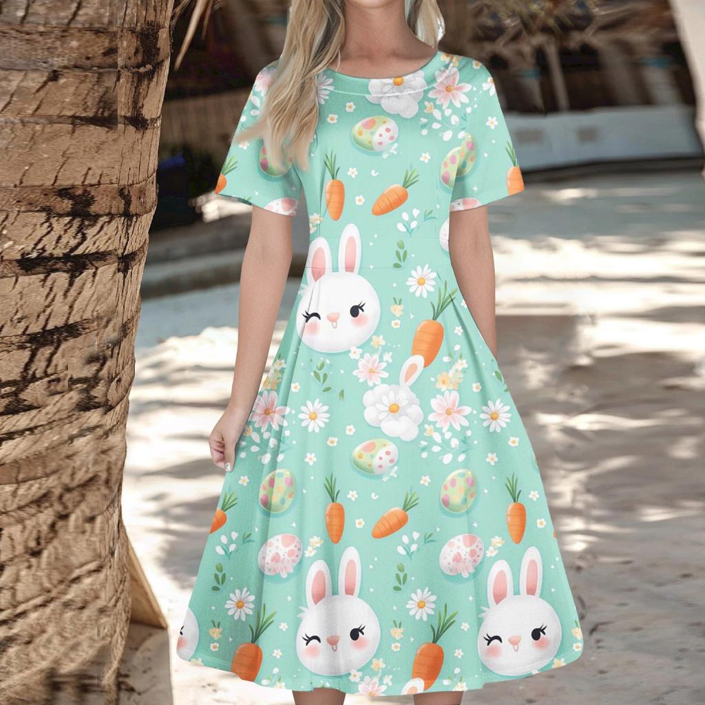 Женское повседневное модное платье с пасхальным принтом, круглое платье с коротким рукавом и талией, средней длины (с молнией)