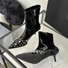 Fashion Sexy Pointed Side Zip Ankle Boots Women Crystals Rivets Design Boots for Women Pumps Fine High Heel Soft Leather Stretch Boots