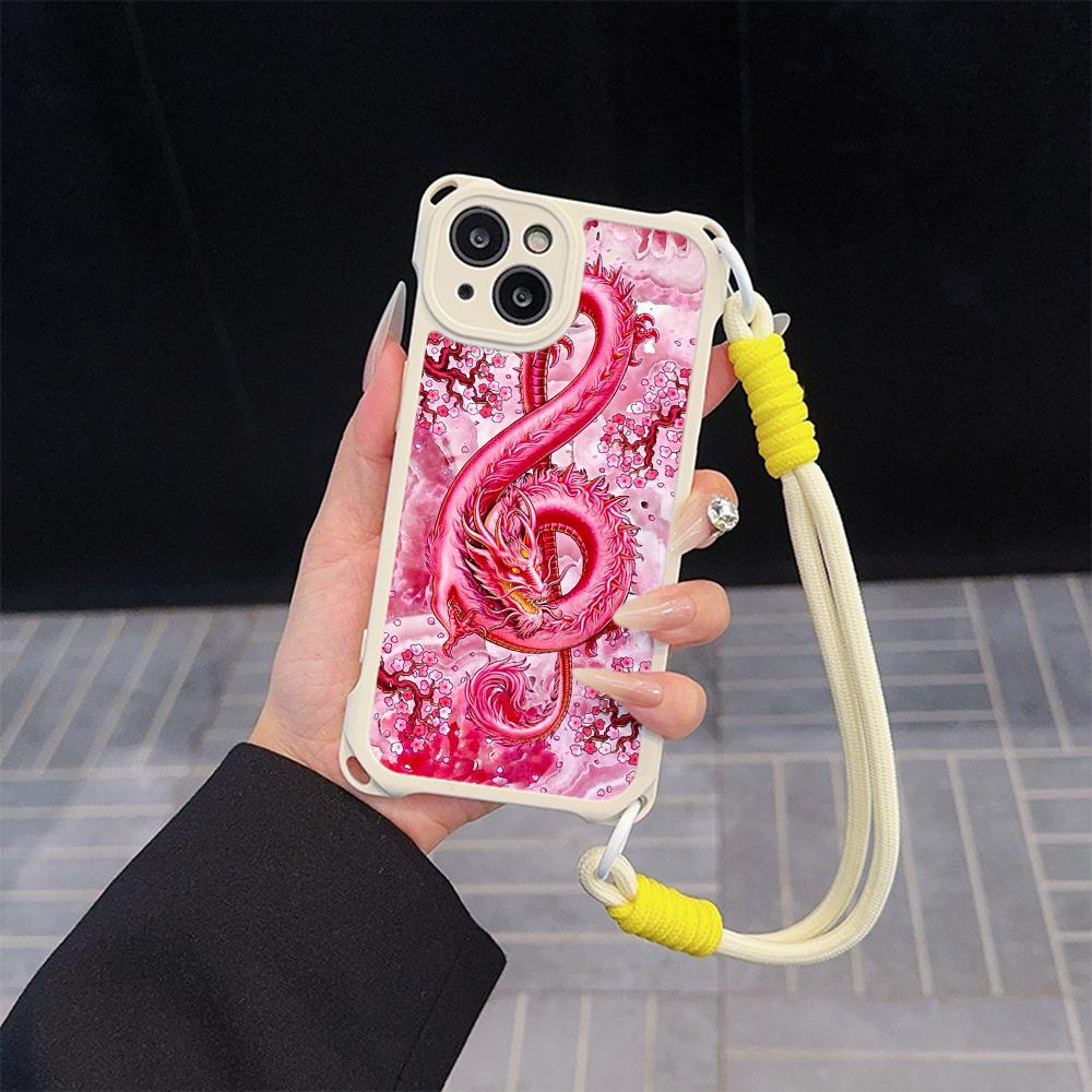 Ae77 Dragon Design Art Soft Phone Cases for iPhone 16 15 14 13 12 11 Pro Max 7 8 Plus XR XS Max with Wrist Strap Lanyard Corner Protection Back Cover