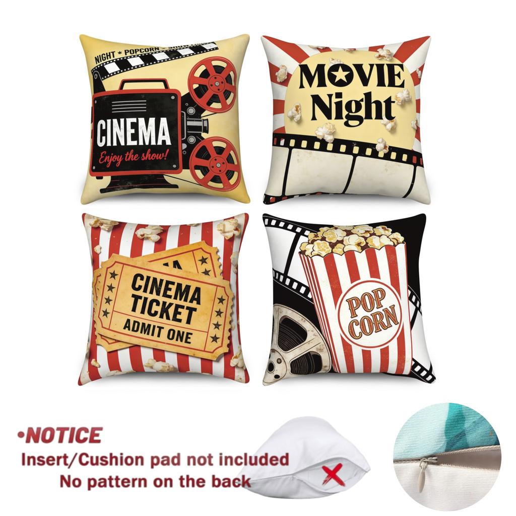 4Pcs Retro Movie Night Pillow Cover Vintage Cinema Popcorn Film Reel Polyester Linen Fabric Pillowcases For Home Theater Decor