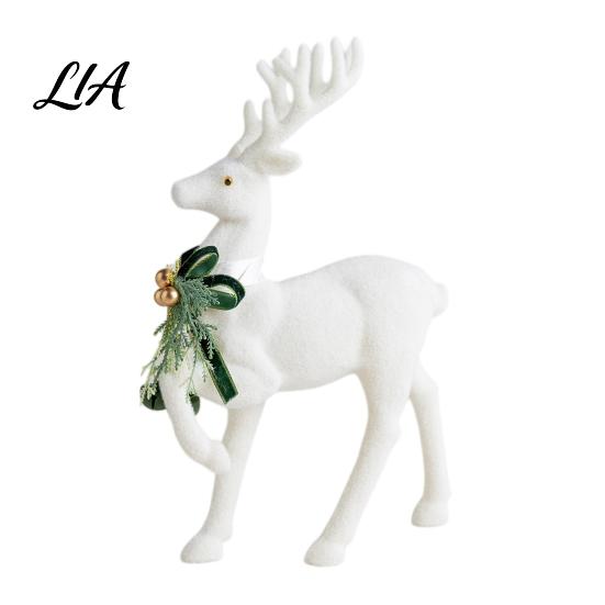 Winter Theme Table Centerpieces White Flocked Elk Ornament, Ribbon Bell Decor 3D Standing Deer Elegant Plastic Christmas Crafts Figurine, Decorative