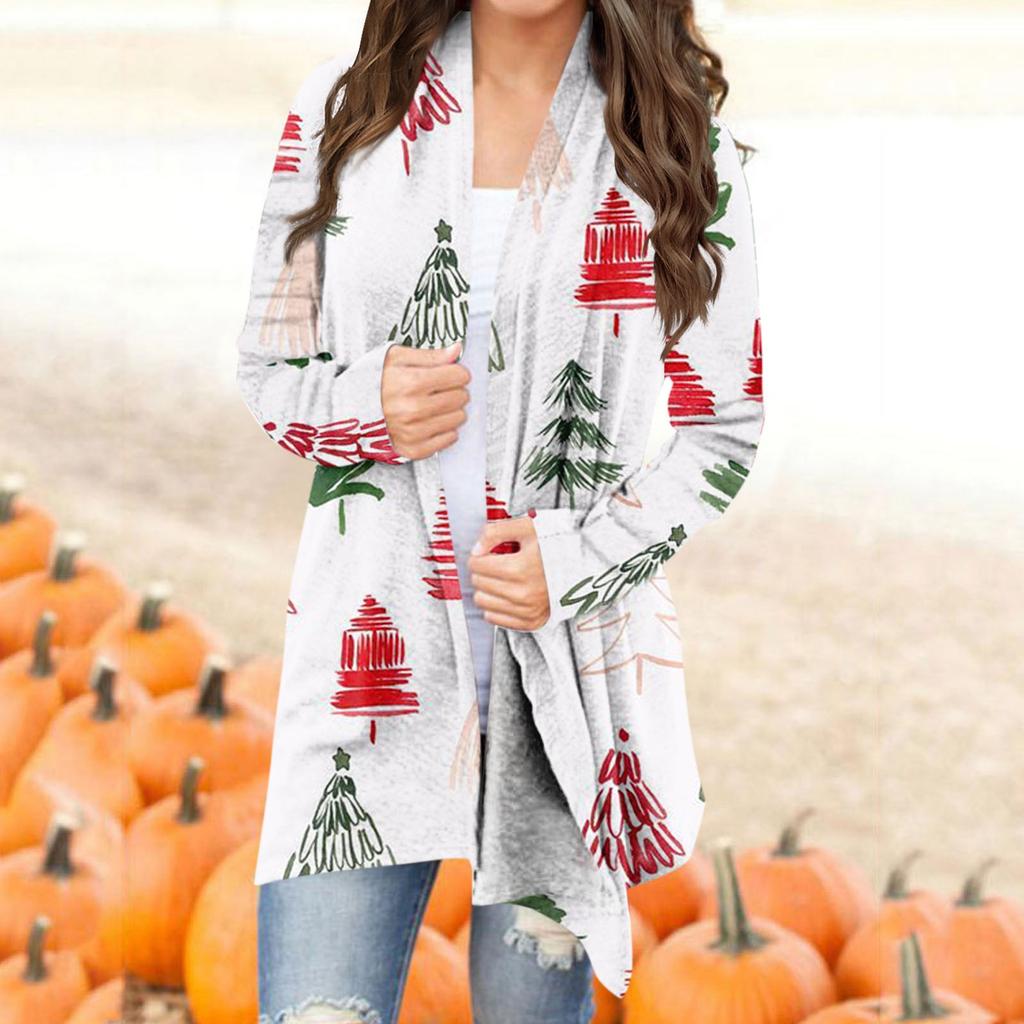 Женская мода, повседневный рождественский принт, кардиган средней длины, куртка, пальто